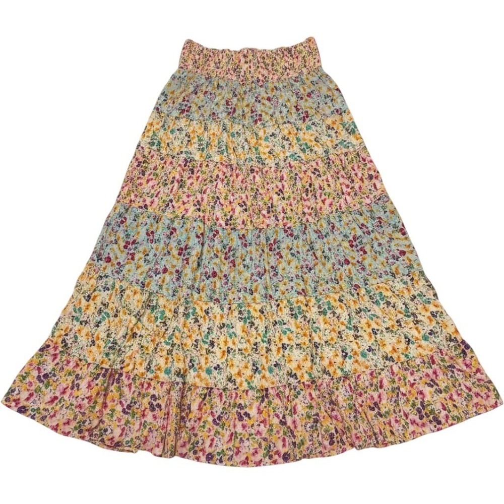 Angie Skirt Pink Micro Floral Tiered Maxi M Smocked Waist Boho Cottagecore